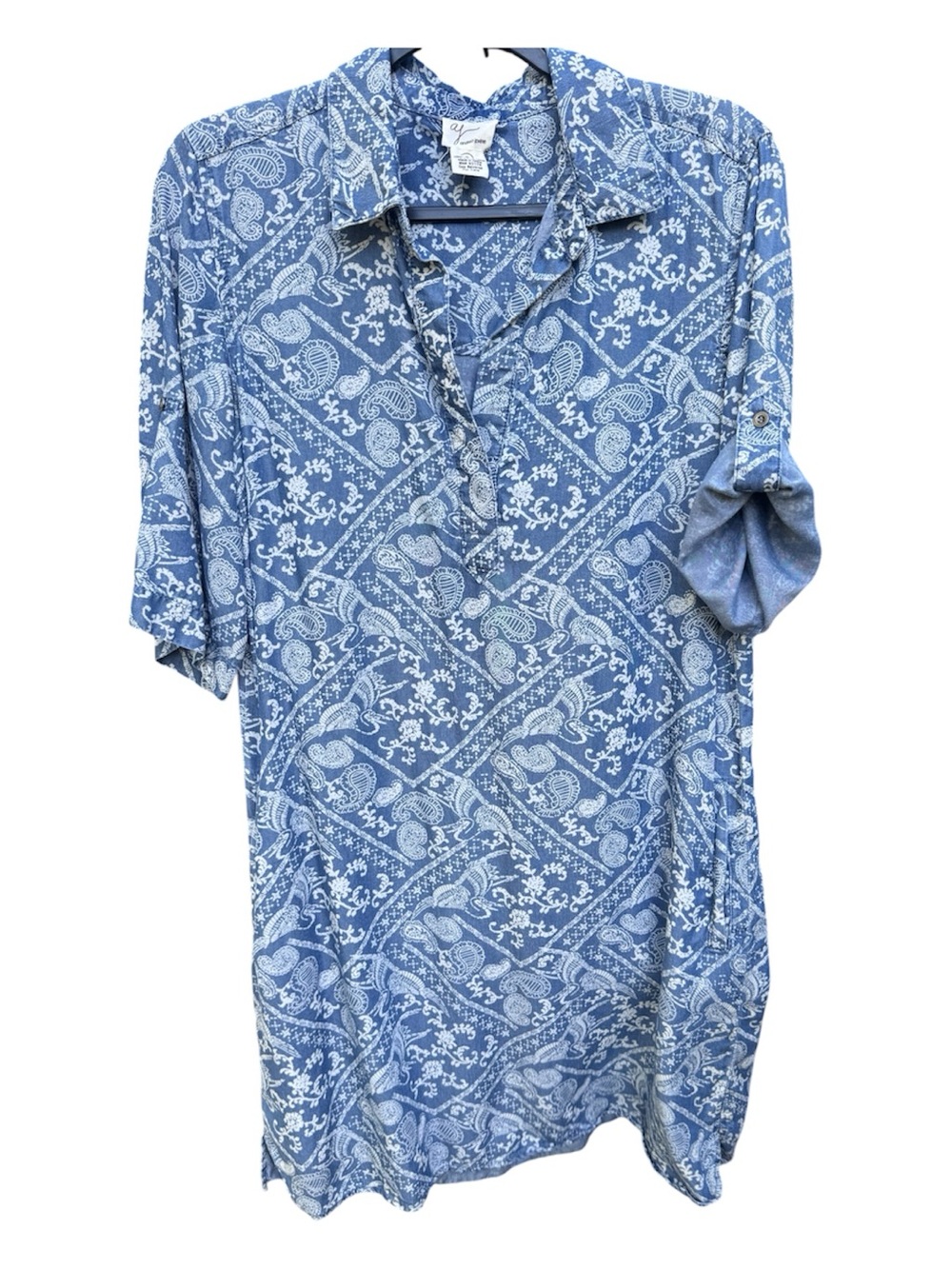 AJ/Andrea Jovine Blue Denim-Wash Paisley Crane Casual Shirt Dress